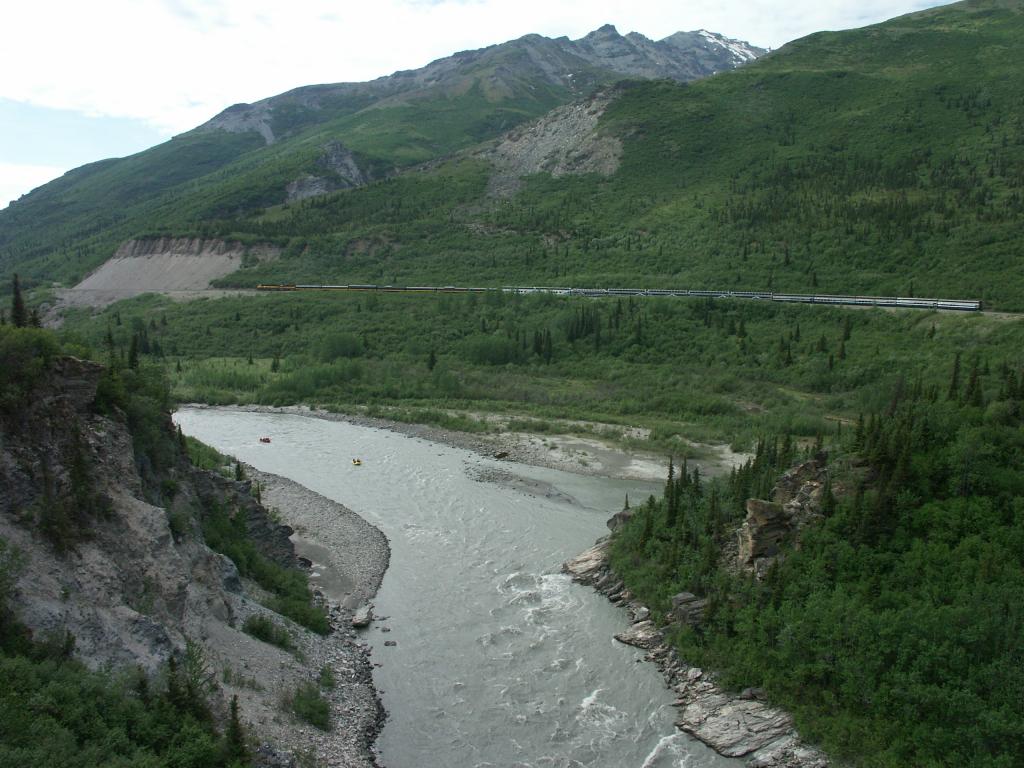 The Alaska Railroad just North of Denali Park and some Rafters in the Nenana River.