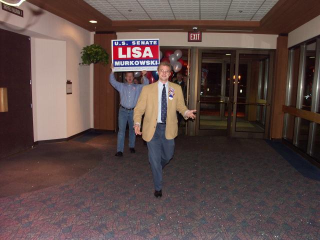 Marching into Centennial Hall to announce Lisa's victory.