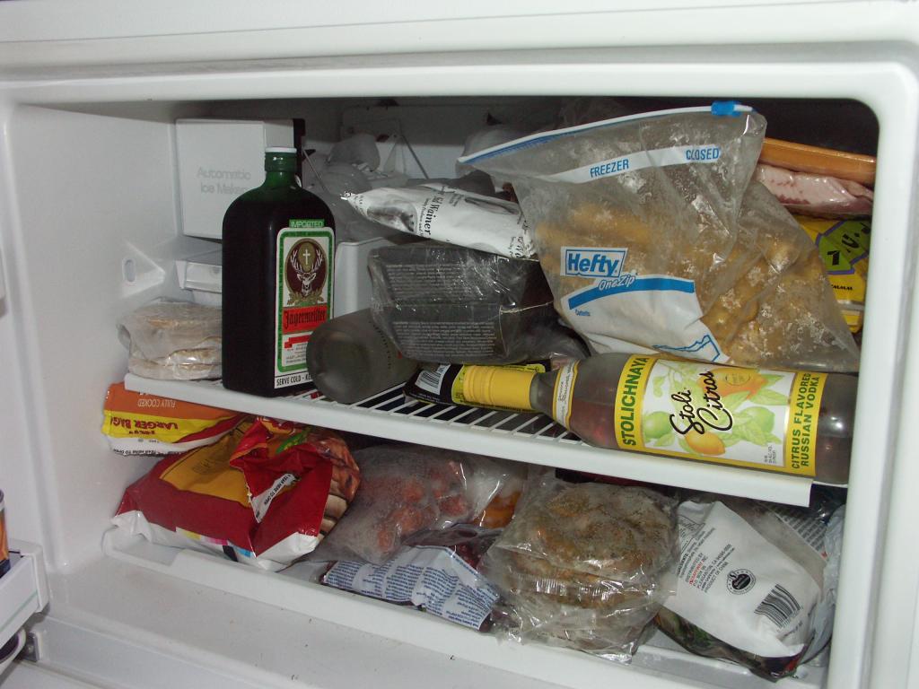 My mother-in-law's pool house fridge (freezer section).  It had an impressive amount of alcohol in it.  I was very impressed.